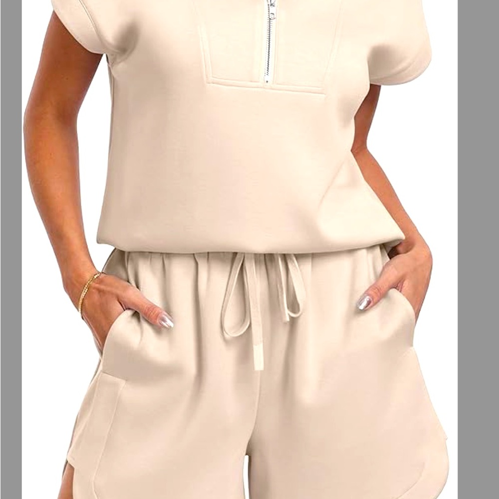 Women's Cream Drawstring Lounge Shorts and Top set